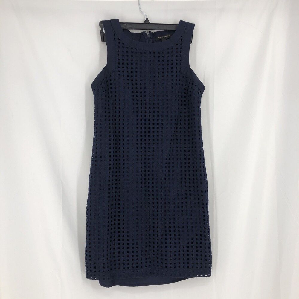 Banana Republic Womens Navy Blue Eyelet Sleeveless Round Neck Shift Dress Size 4